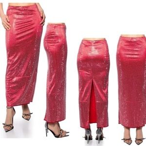 AKIRA Decision Maker Rhinestone Embellished Diamante Sparkly Maxi Skirt in Red L